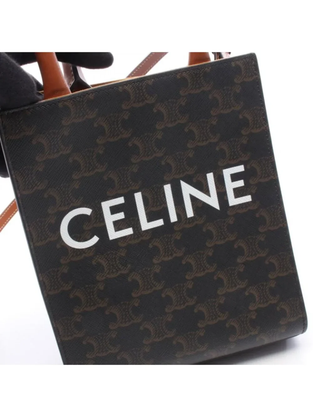 Celine Handbag Mini Vertical Cover Triomphe 2-Way Black Brown Canvas Leather